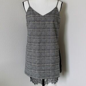 Black, White, & Beige Plaid Split Side Lace Detail Drop Back Mini Dress